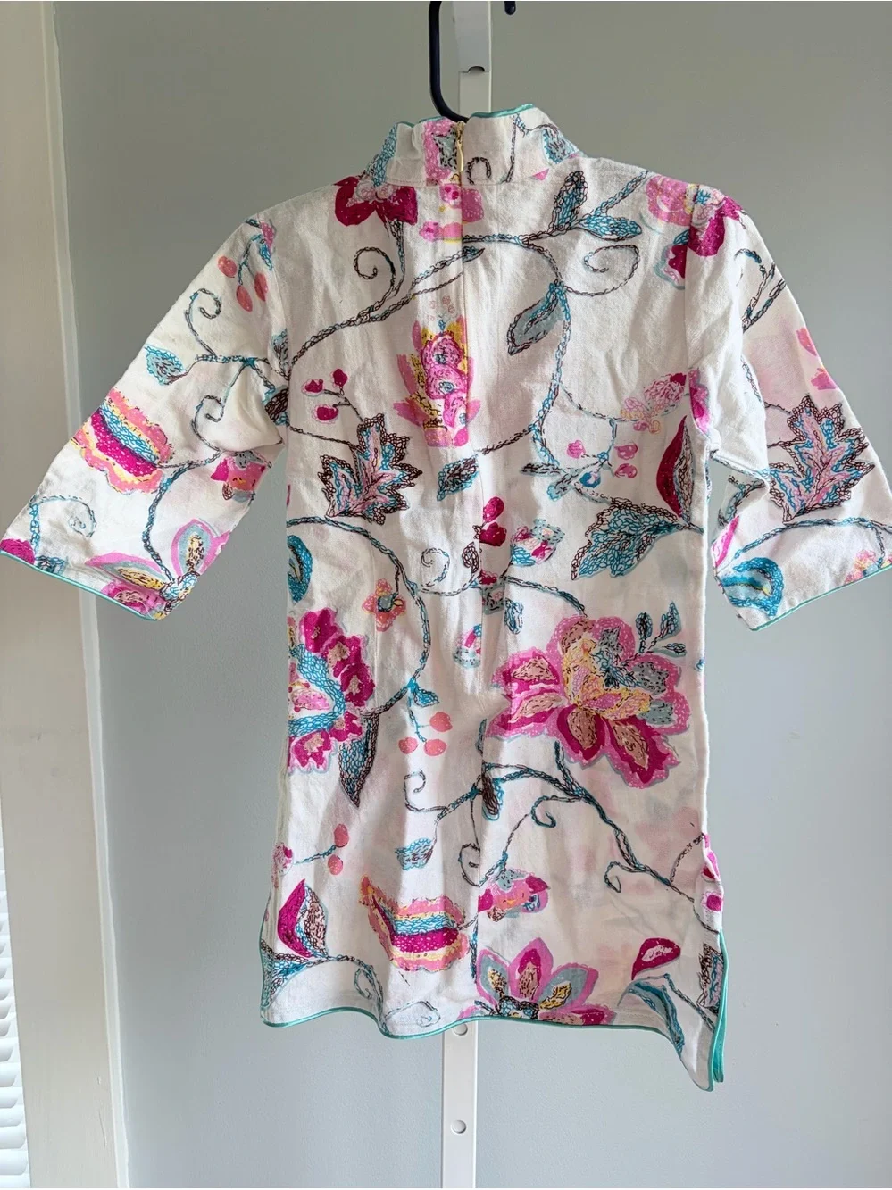 Mandarin Girls White Floral linen hemp floral Dress